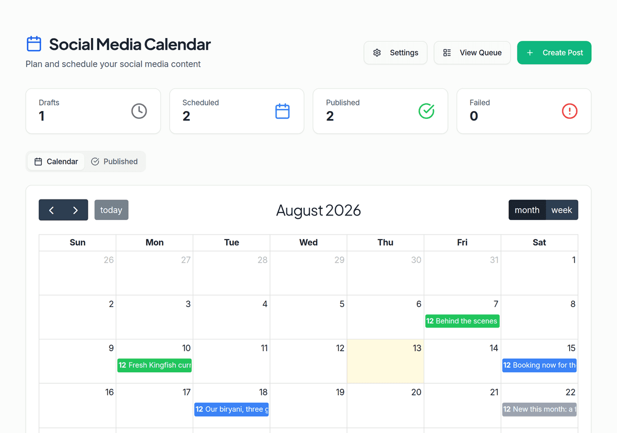 The Social Media calendar showing scheduled posts across Instagram, Facebook and YouTube